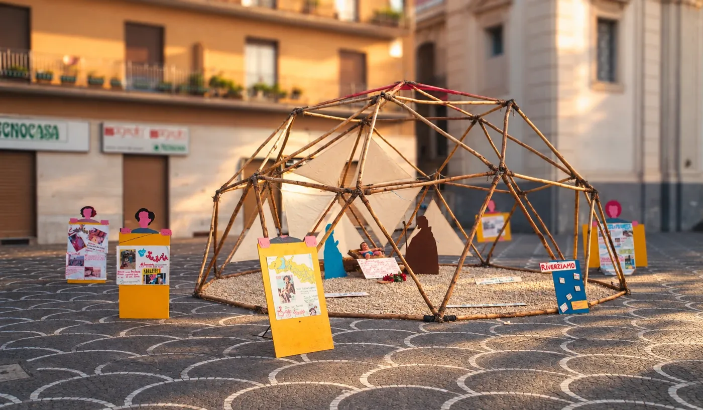 Una cupola di canne in piazza con il presepe e i cartelloni dei ragazzi