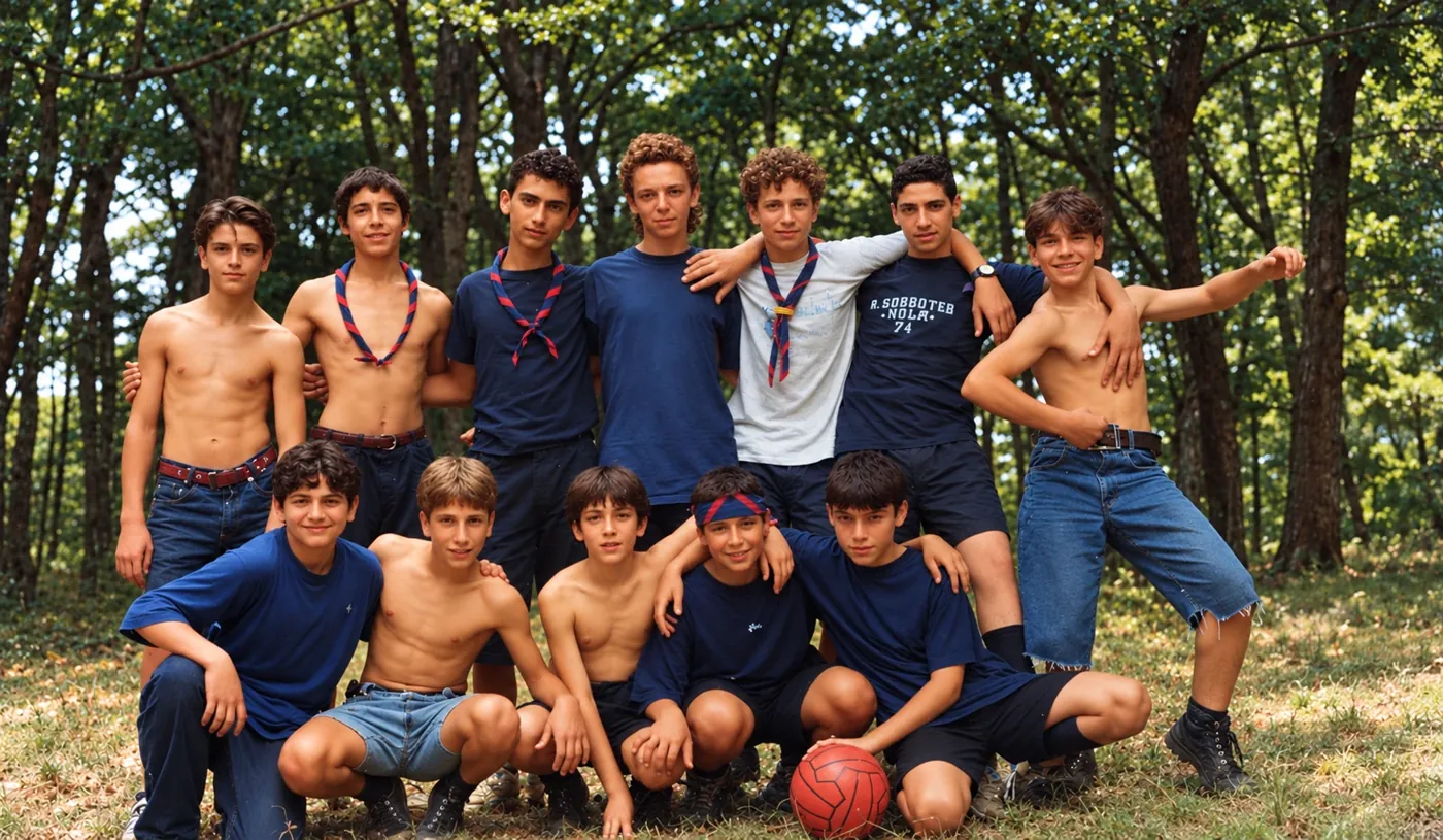 Un gruppo di ragazzi scout con il fazzolettone, nel bosco