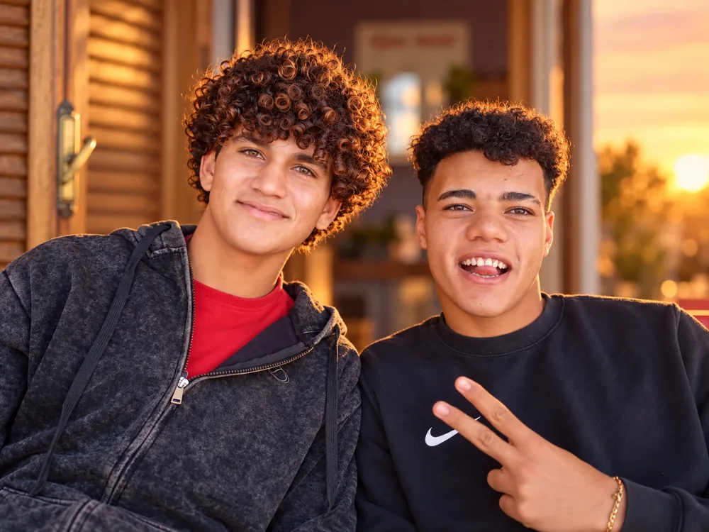 Due ragazzi sorridenti seduti insieme al tramonto