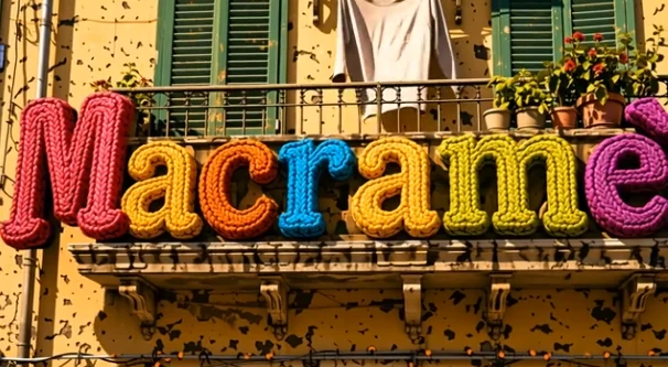 La scritta Macramè in lettere di lana colorata lavorata a maglia, appesa a un balcone